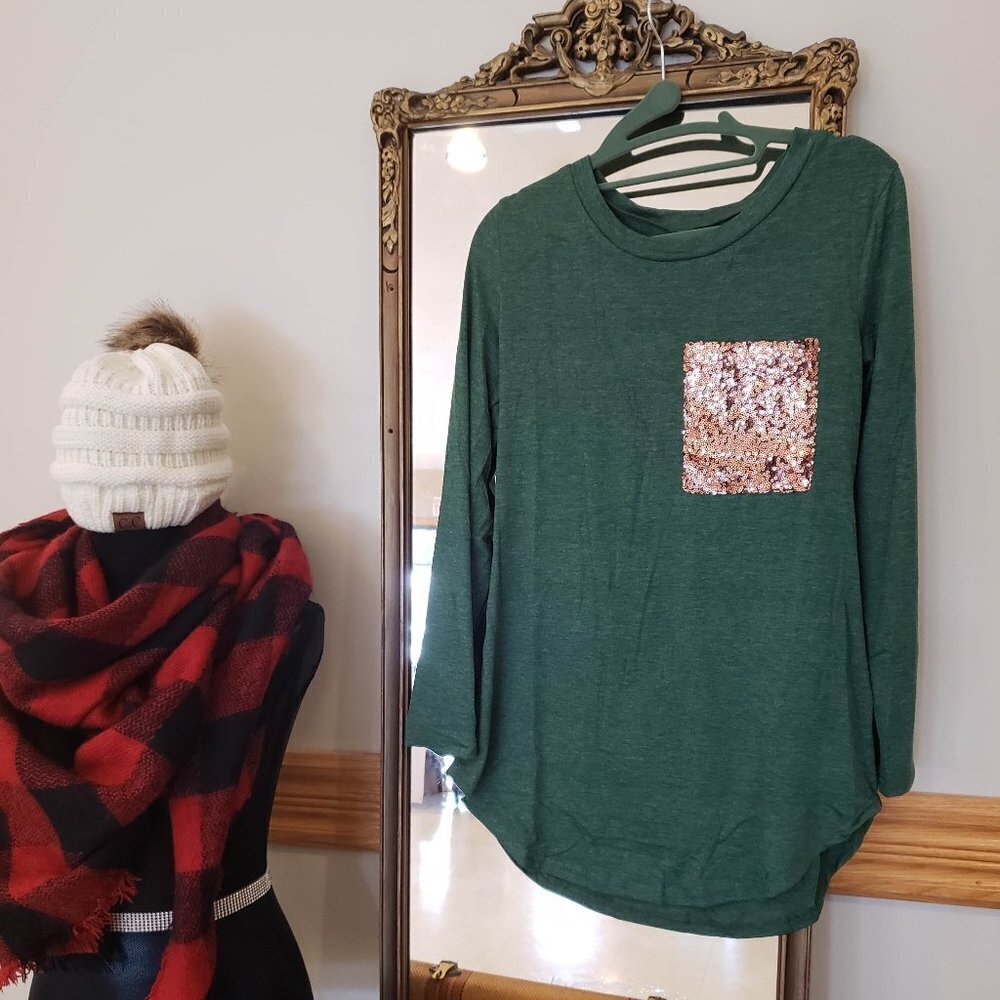 NEW Boyfriend Long Sleeve Tee with Sequin Pocket - Forest Green Colour